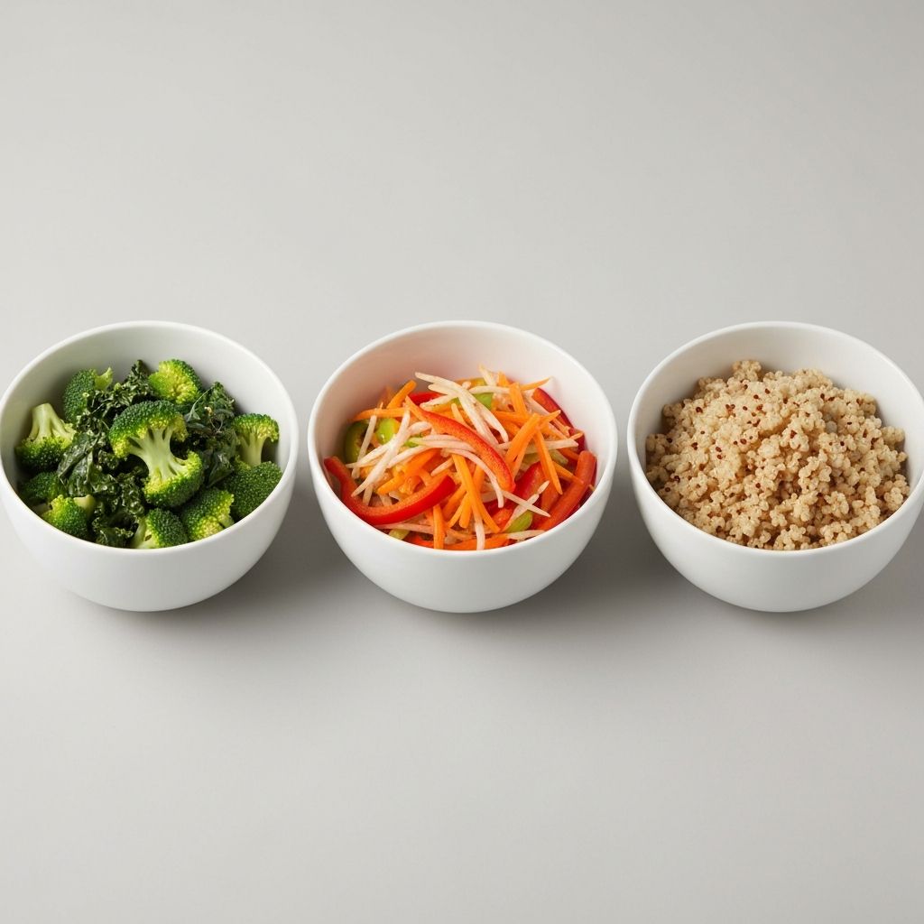 Three bowls showing same volume of different food types demonstrating energy density variation