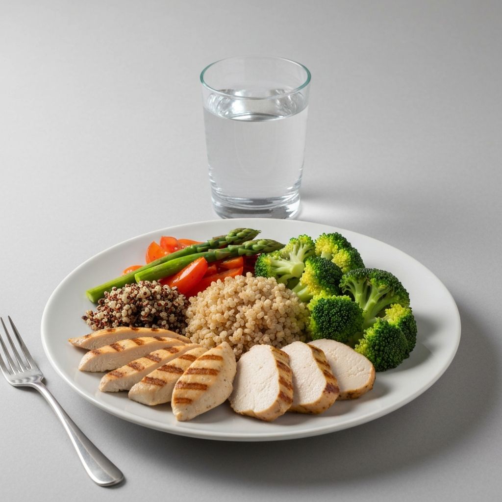 Arranged meal with glass of water and portions of grains, protein, and vegetables