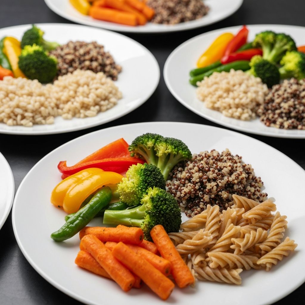 Multiple white plates with varied portion sizes showing natural variation