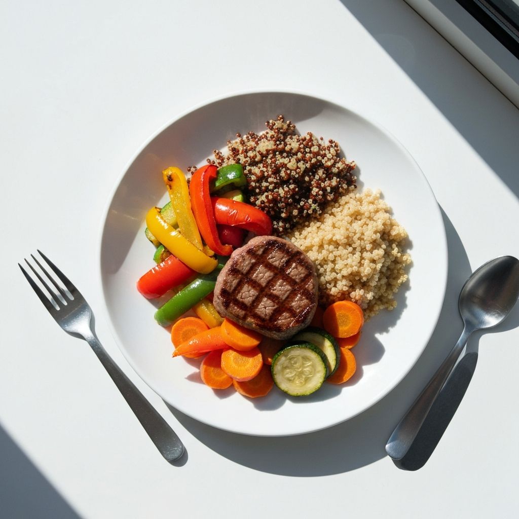 Diverse plated meal showing various food colors, textures, and components